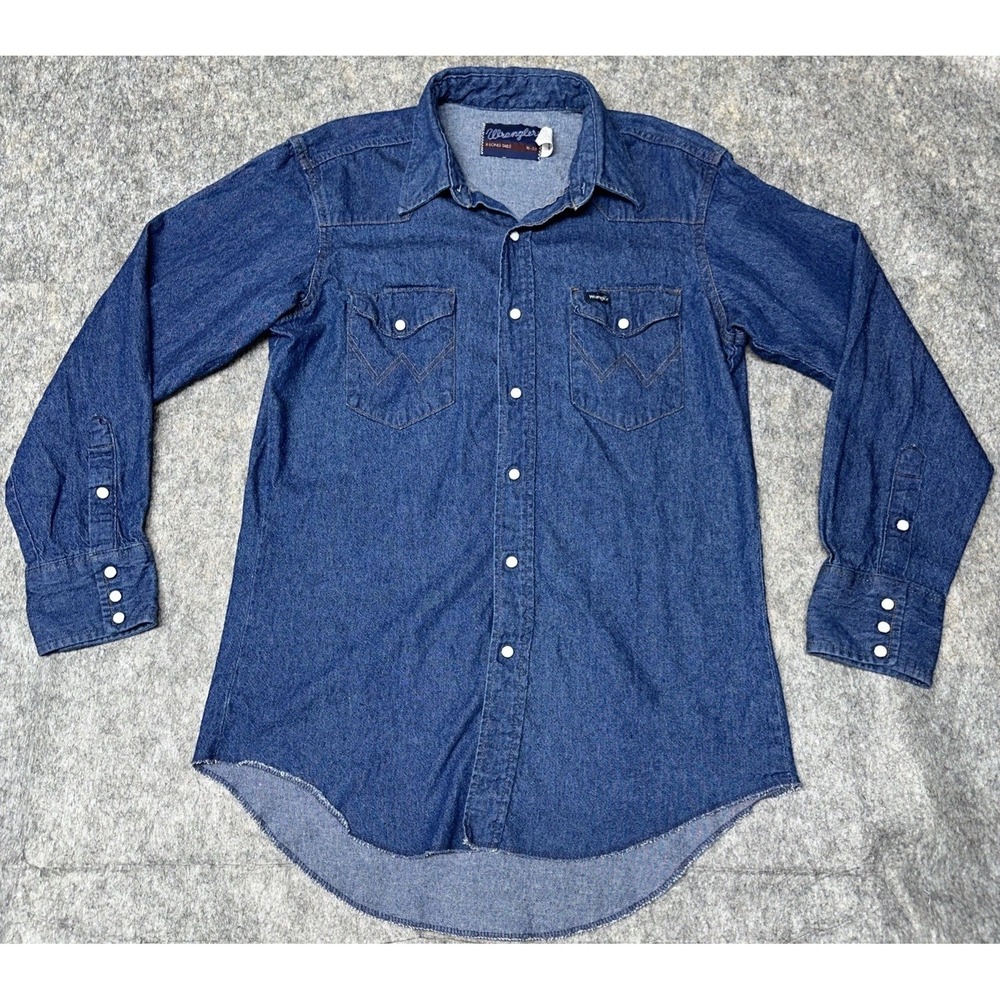 Vtg. Wrangler Western Pearl Snap Denim Shirt Mens Extra Long Tails  Rodeo (51-w)